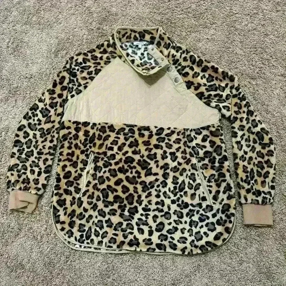 White Birch Leopard Print Quilted Pullover Sweater Fleece Snap Collar, size L - Picture 1 of 9